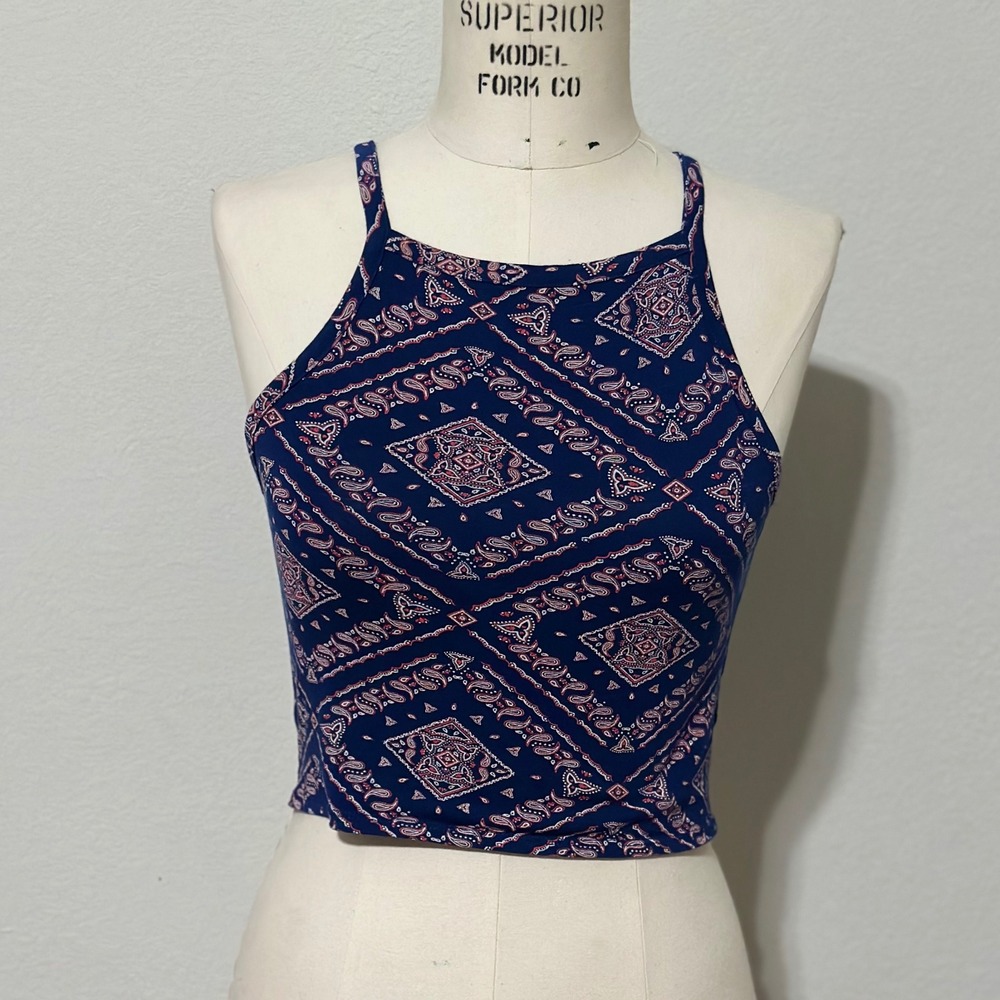 H&M Divided Navy Paisley Halter Crop Top‎ Juniors Small